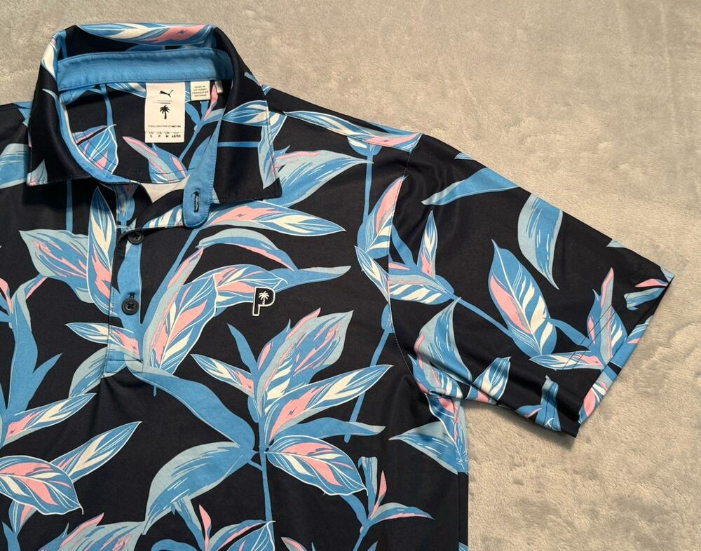 Puma X PTC Palm Tree Crew Polo Golf Shirt AOP Floral Rare Collaboration Blue EUC